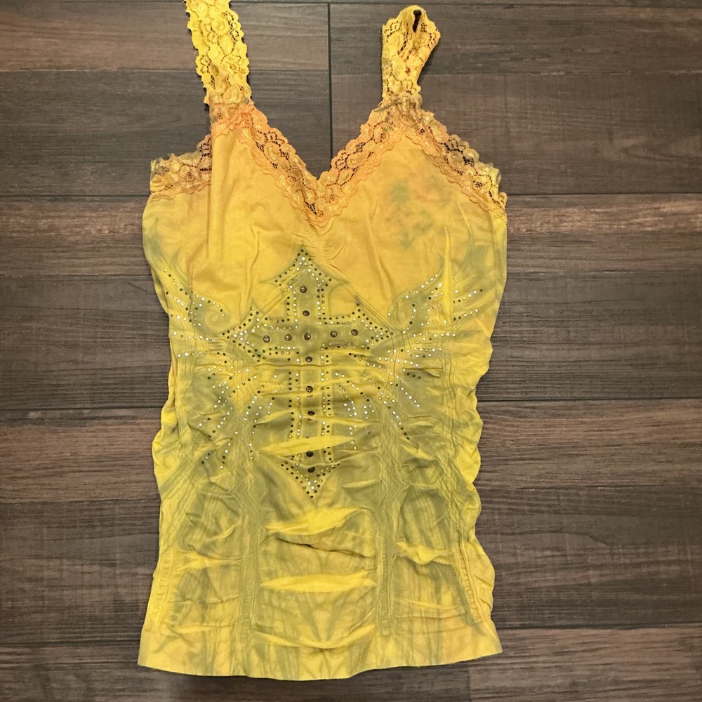 Soho Girls Camisole One Size Yellow Rhinestone Cross Lace Trim Y2K Grunge Top